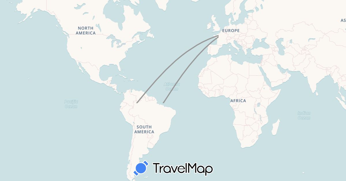 TravelMap itinerary: driving, plane in Bolivia, Chile, France, Peru (Europe, South America)